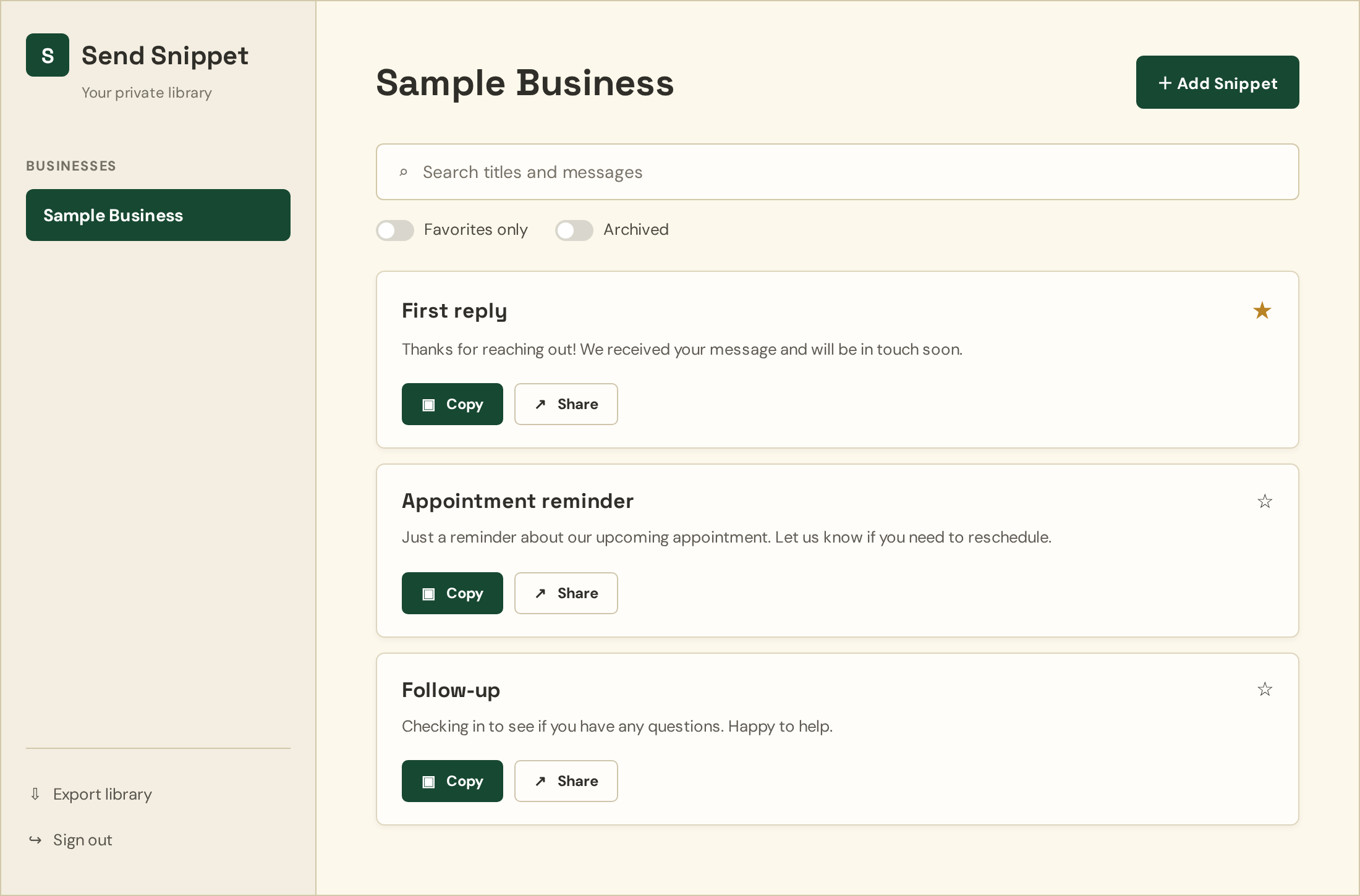 Example Send Snippet library for Sample Business, showing three sample messages and Copy and Share controls