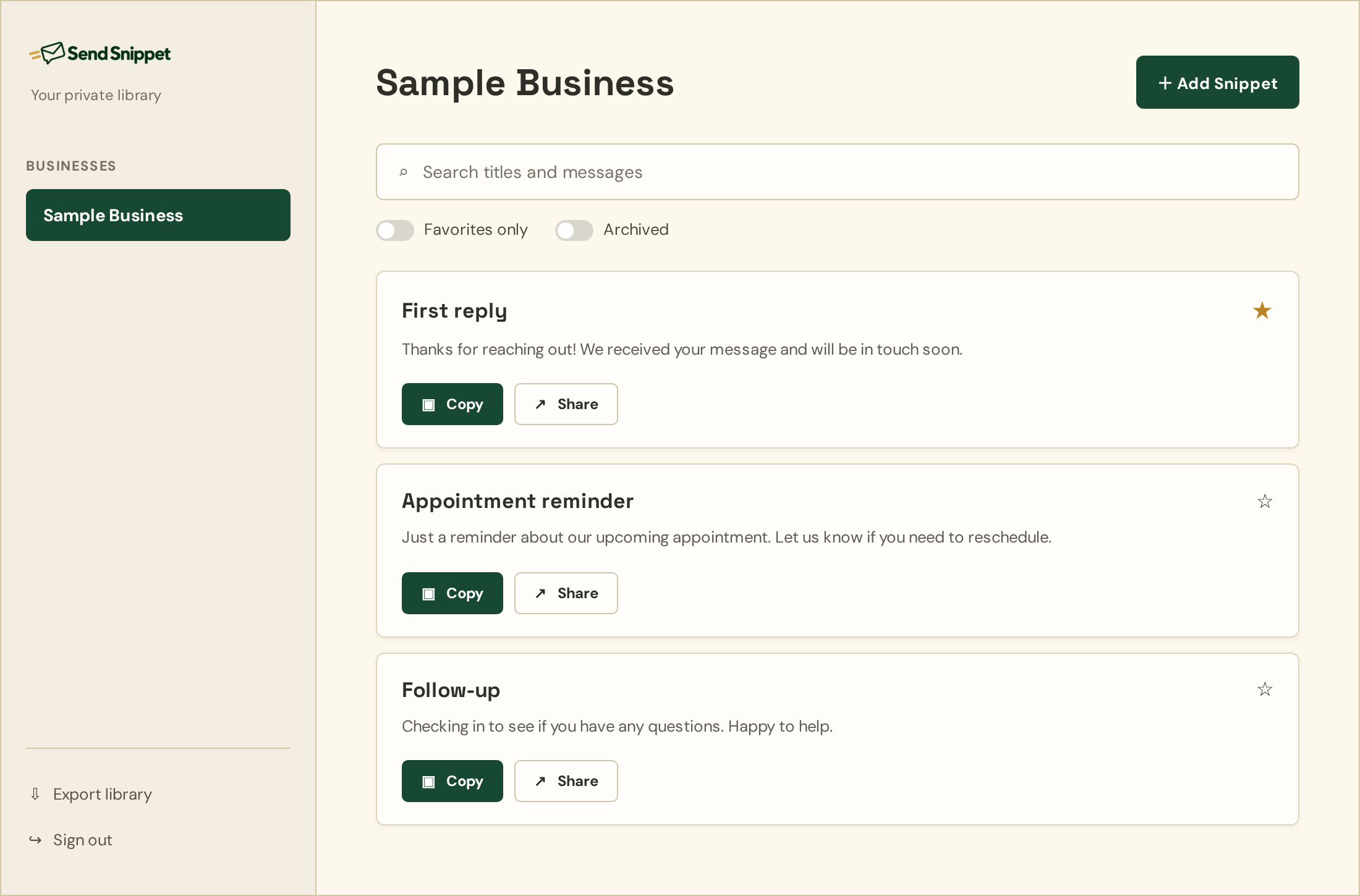 Example Send Snippet library for Sample Business, showing three sample messages with Copy and Share controls